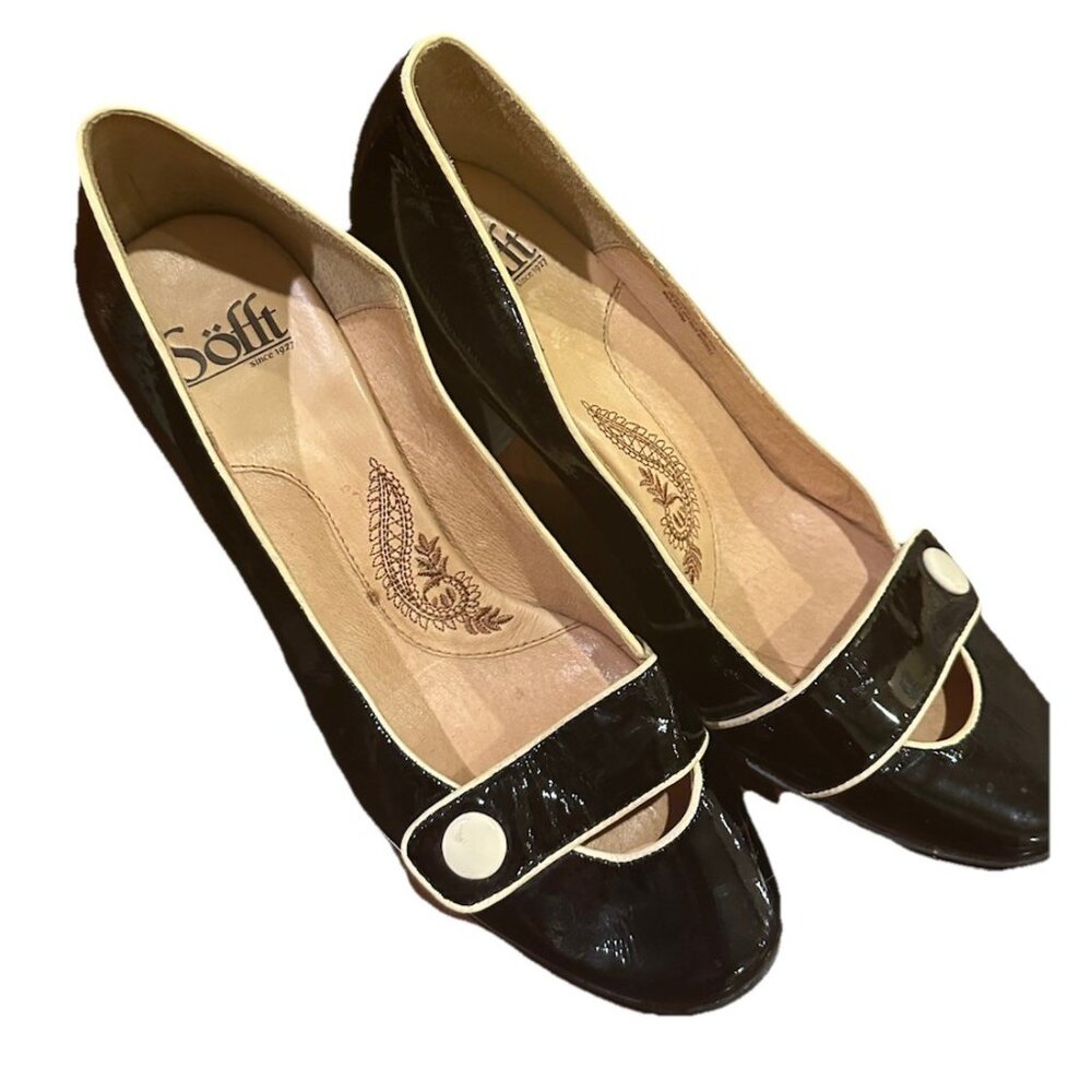 Sofft Sz 8 Black Beige Patent Leather Heels Retro Style